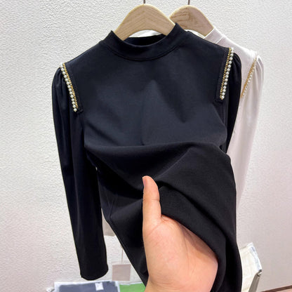 Damen Elegantes Longsleeve Oberteil mit Perlenapplikationen