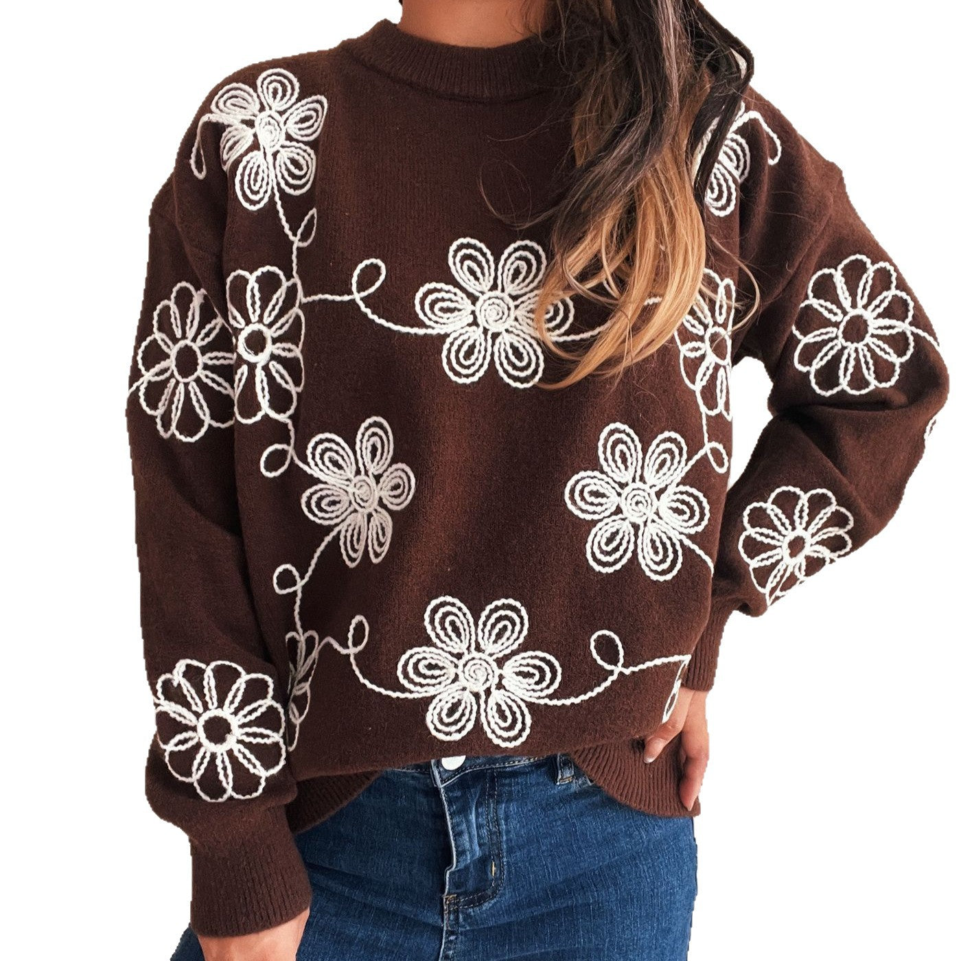 Damen Strickpullover Floralmuster Hoher Kragen Norvielle