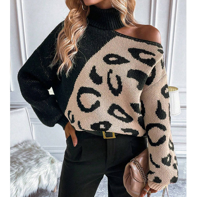 Damen Strickpullover Leopardenmuster Stehkragen Norvielle