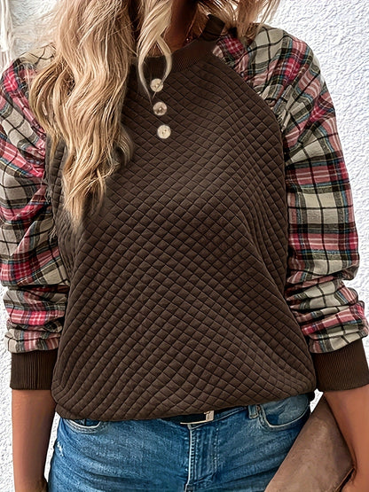 Damen Sweatshirt Gitterstruktur karierte Ärmel Norvielle