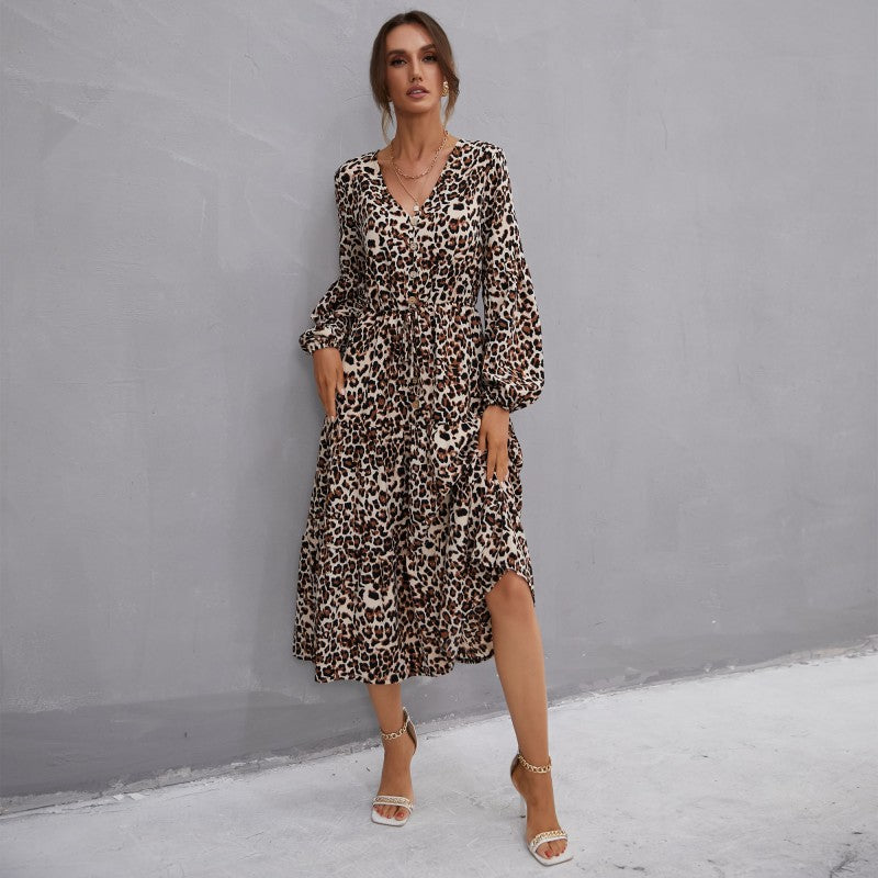 Damen Maxikleid Leopardenmuster Taillengürtel