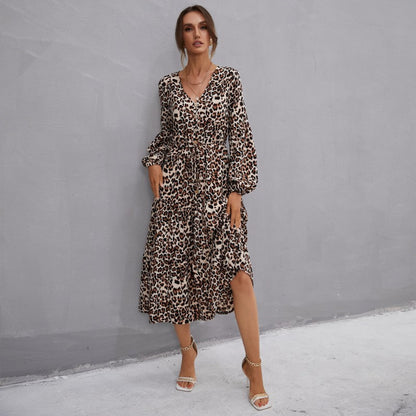 Damen Maxikleid Leopardenmuster Taillengürtel