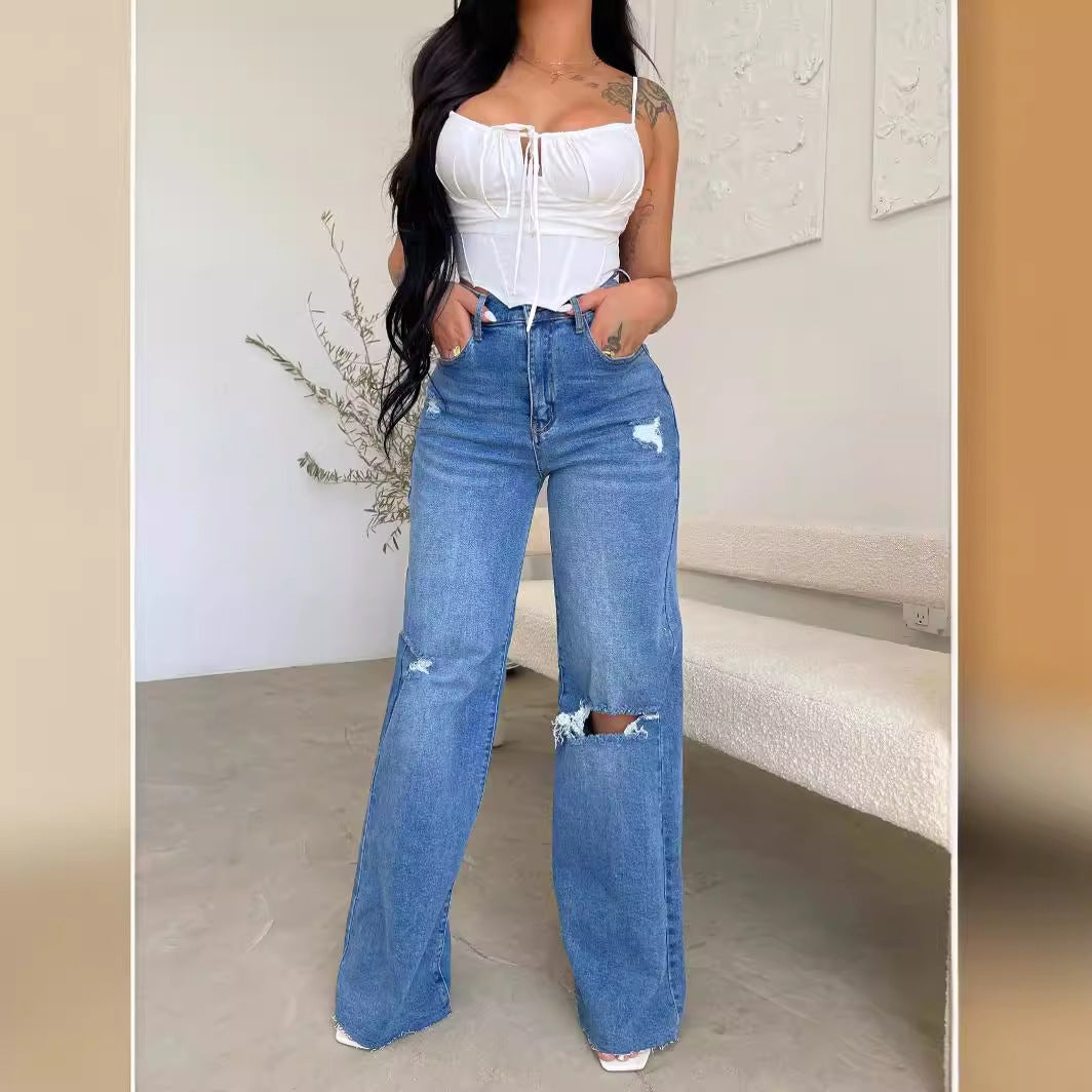 Damen Vintage Weite Jeans Destroyed-Style Hochwerder Bund