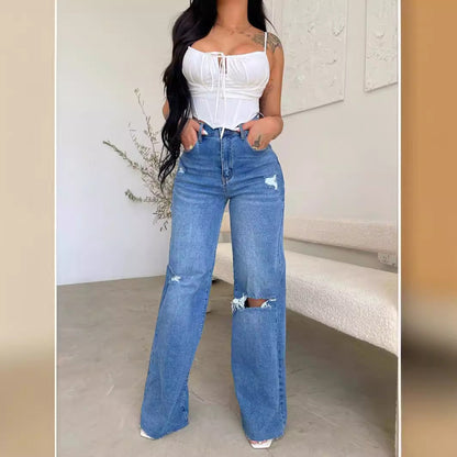 Damen Vintage Weite Jeans Destroyed-Style Hochwerder Bund
