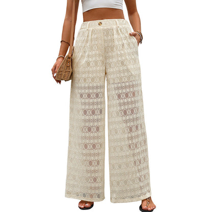 Damen Palazzo-Hose Häkelmuster Elastisch Beige