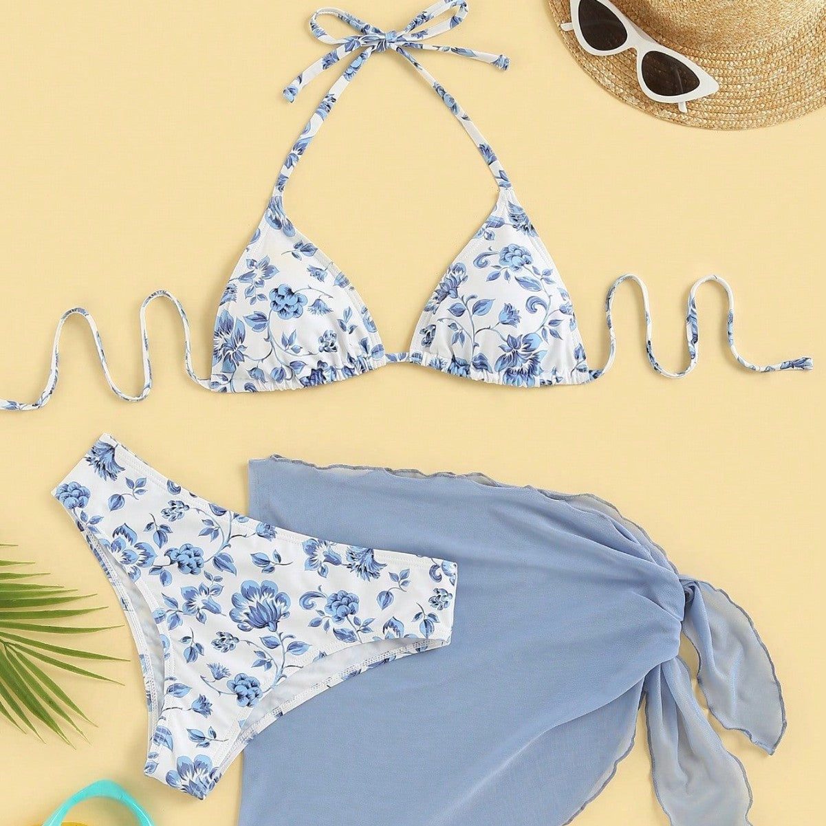 Damen Triangel-Bikini-Set Blumenmuster mit Pareo - Norvielle