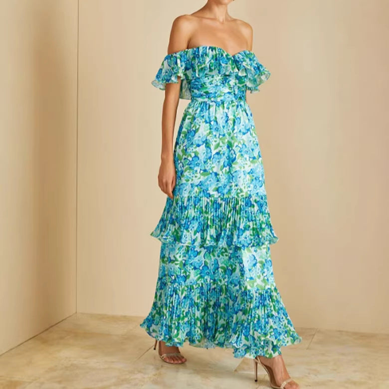 Damen Maxi-Kleid Voluminöse Rüschen Florales Design