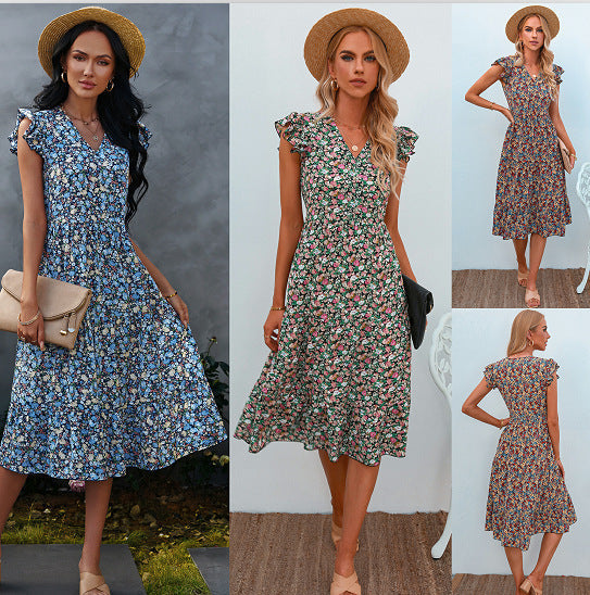 Damen A-Linien Kleid mit Rüschenärmeln und Blumenmuster - Norvielle
