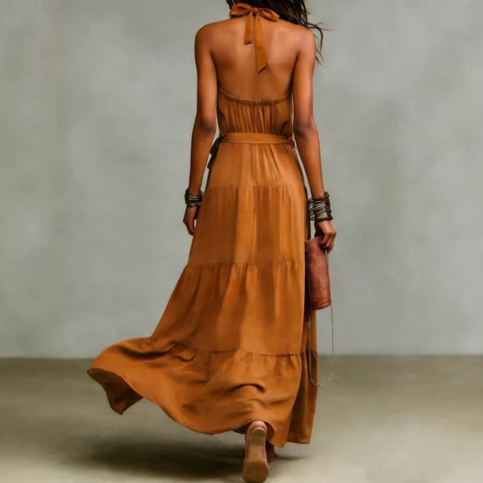 Damen Maxikleid Taillengürtel Tiefes Rückendesign