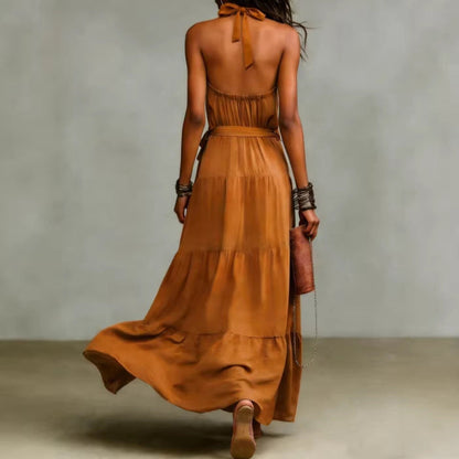 Damen Maxikleid Taillengürtel Tiefes Rückendesign