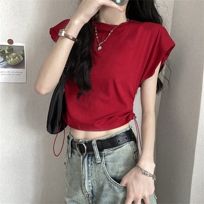 Damen T-Shirt Kurzarm Verstellbarer Kordelzug Puffärmel