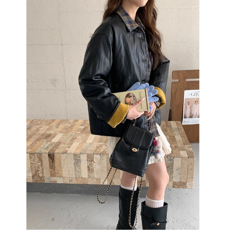 Damen Lederjacke Kariertes Futter
