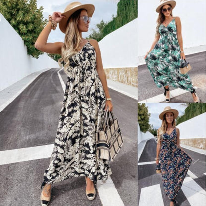 Damen Maxikleid Floralmuster Palmendesign Raffinierter Rücken - Norvielle