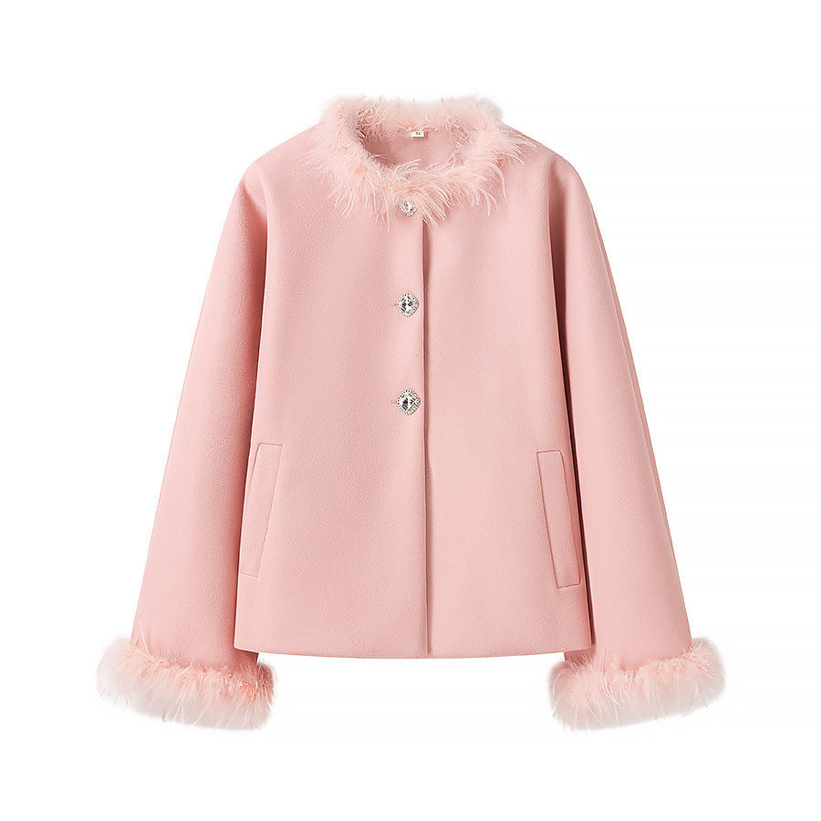 Damen Kurzjacke Kunstfellkragen Knopfdetails