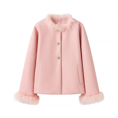Damen Kurzjacke Kunstfellkragen Knopfdetails