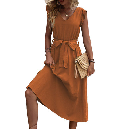 Damen Maxikleid V-Ausschnitt Taillengürtel Norvielle