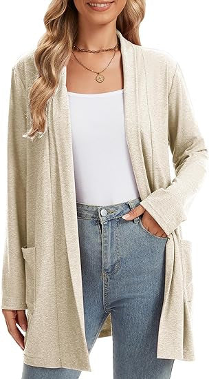 Damen Langarm-Cardigan Offene Front Taschen Norvielle