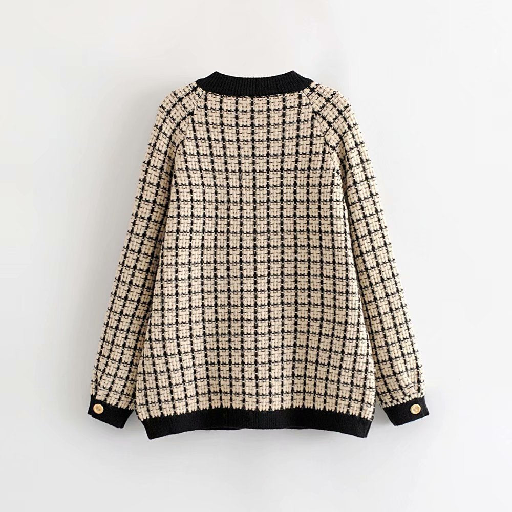 Damen Strickjacke Karomuster Dekorative Knöpfe Norvielle