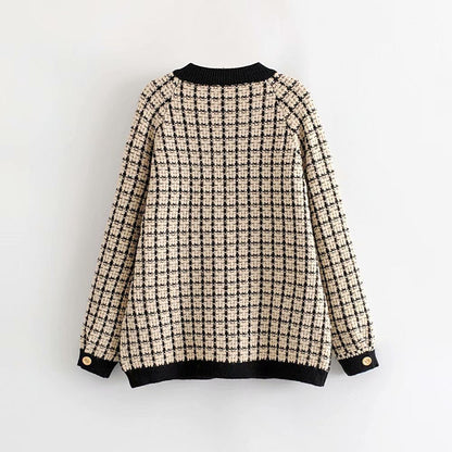 Damen Strickjacke Karomuster Dekorative Knöpfe Norvielle