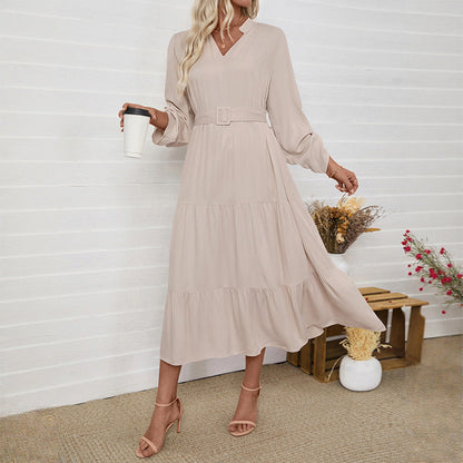 Damen Maxikleid V-Ausschnitt Taillierter Gürtel Norvielle