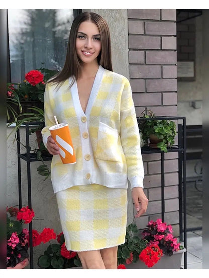 Damen Strickensemble Vorderer Knopfverschluss Gemustert Norvielle