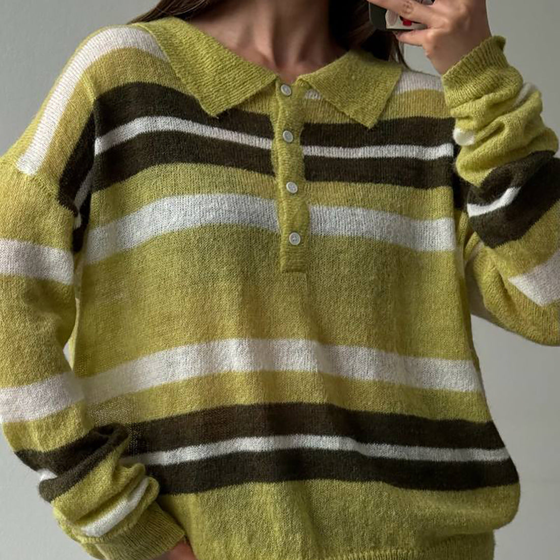 Damen Grobgestrickter Pullover Polo-Kragen Blockstreifen