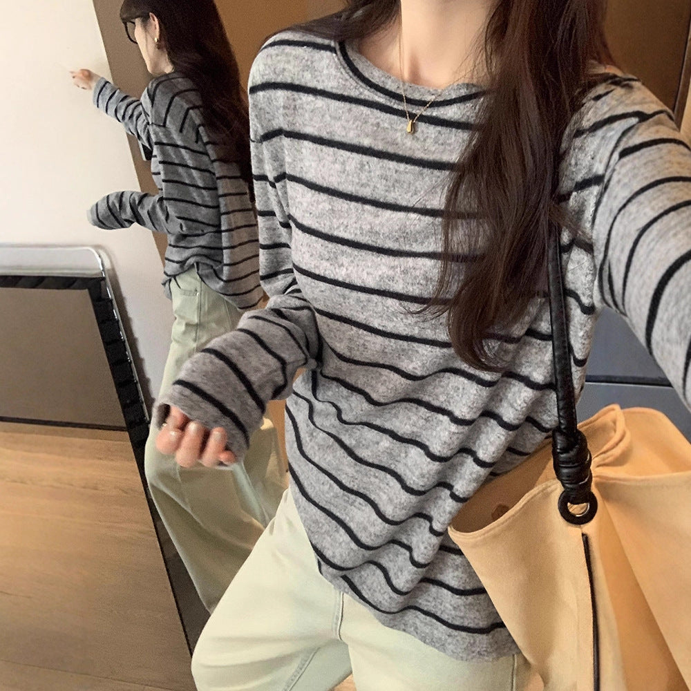 Damen Langarmshirt Streifenmuster Baumwolle Weiß