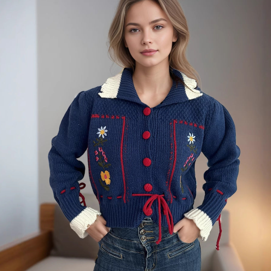 Damen Strickjacke Blumenstickerei Kordelzug Norvielle