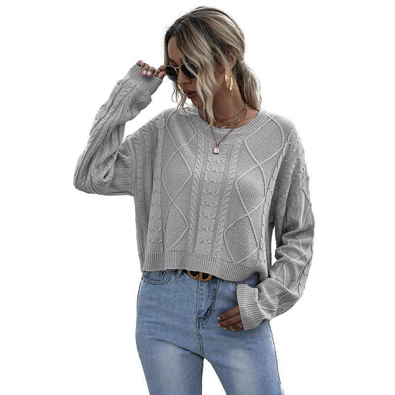 Damen Pullover Strukturiertes Zopfmuster Weich Grau