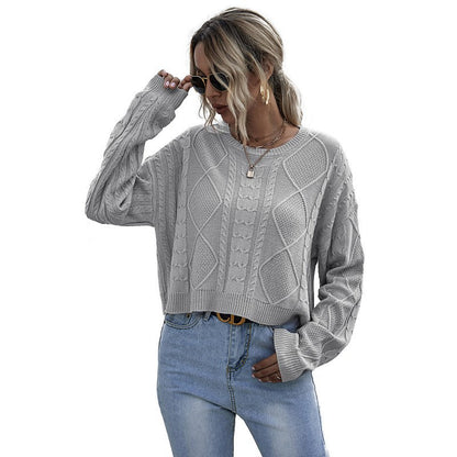 Damen Pullover Strukturiertes Zopfmuster Weich Grau