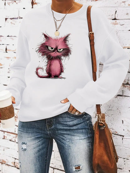 Damen Sweatshirt Katzenmotiv Baumwolle Weiß
