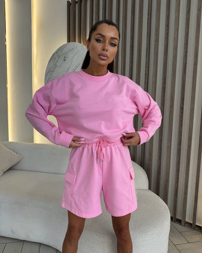 Damen Freizeitanzug Oversized Sweatshirt Kurze Hose Grau