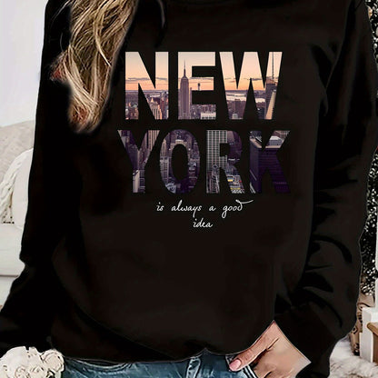 Damen Sweatshirt New York Skyline Druck Baumwolle Gemütlich Grau