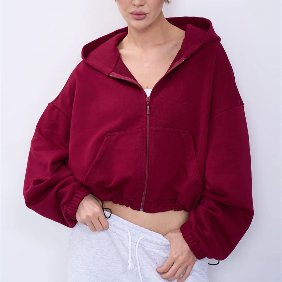 Damen Cropped Kapuzenjacke Reißverschluss Übergroße Ärmel Norvielle