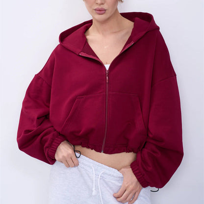 Damen Cropped Kapuzenjacke Reißverschluss Übergroße Ärmel Norvielle