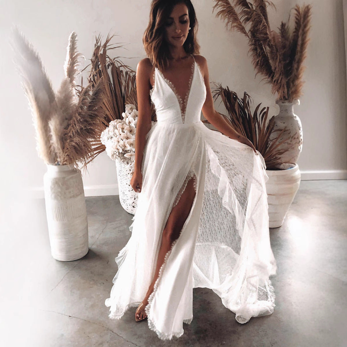 Damen Spitzenkleid V-Ausschnitt Voluminöser Rock
