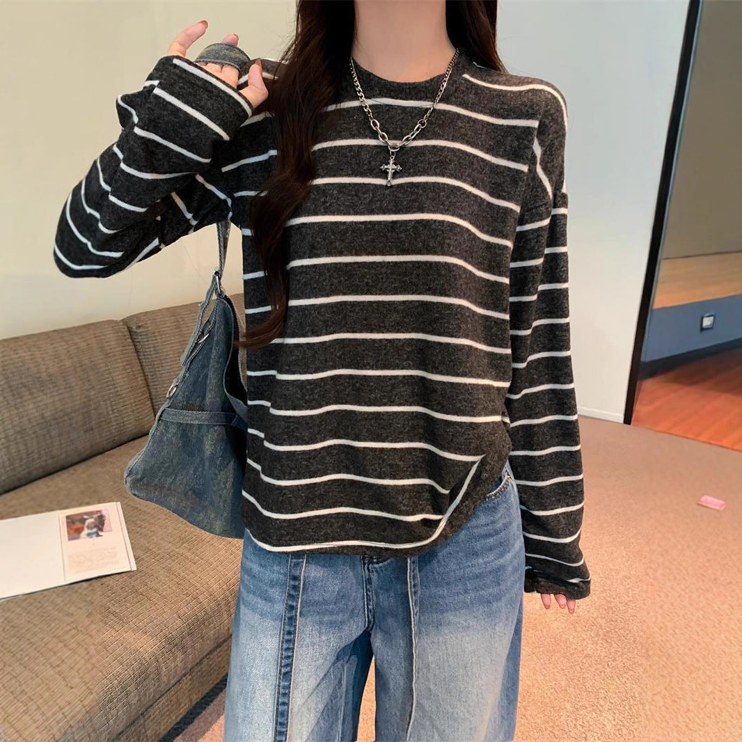Damen Langarmshirt Streifenlook Baumwolle Weiß