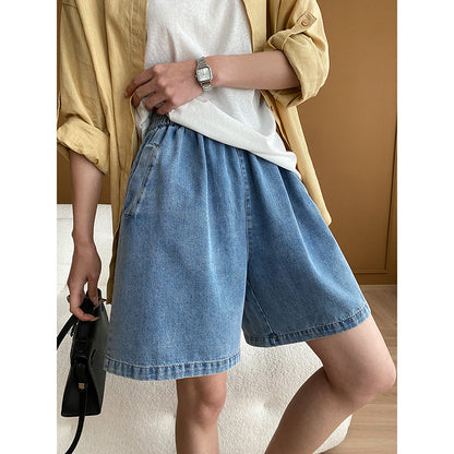 Damen Denim Shorts Elastischer Bund Praktische Taschen Blau - Norvielle