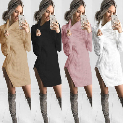 Damen Strickpullover Hochkragen Seitenschlitz Norvielle