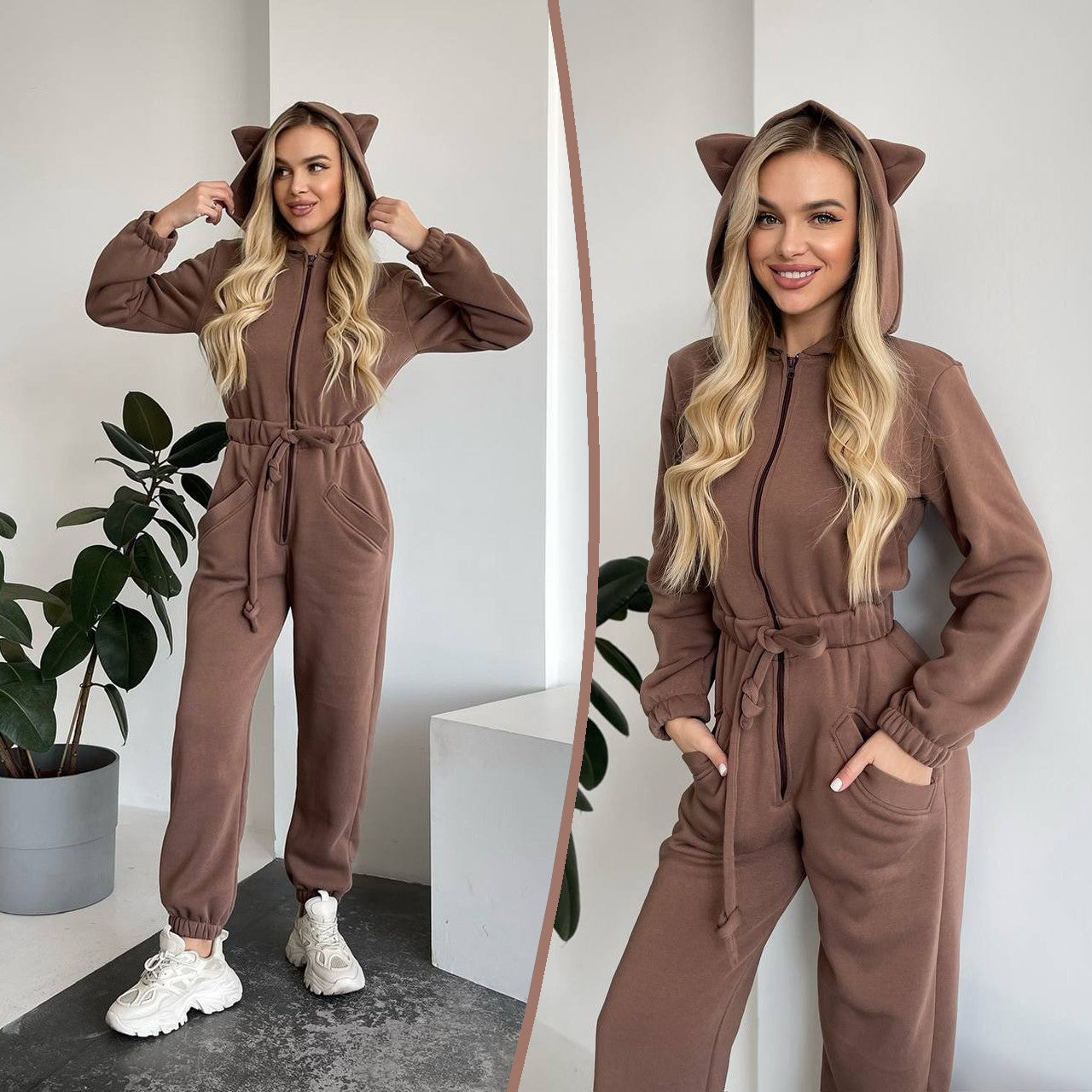 Damen Jumpsuit Kuschelig Känguru-Taschen Tierohren Norvielle - Norvielle