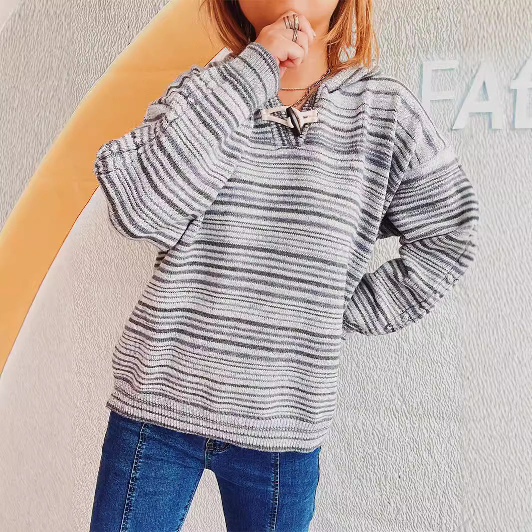 Damen Hoodie Gestreift Breite Ärmel Kordelzug Norvielle