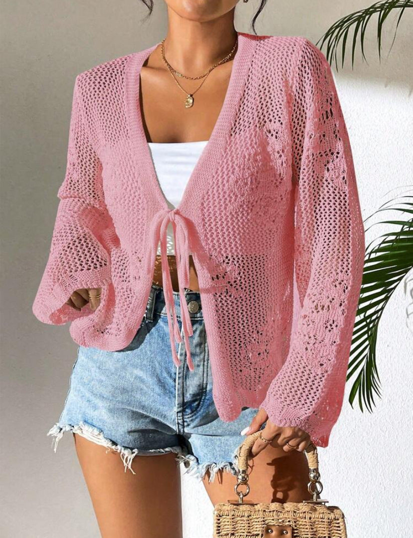Damen Strickjacke Häkelstruktur Bindeverschluss Beige
