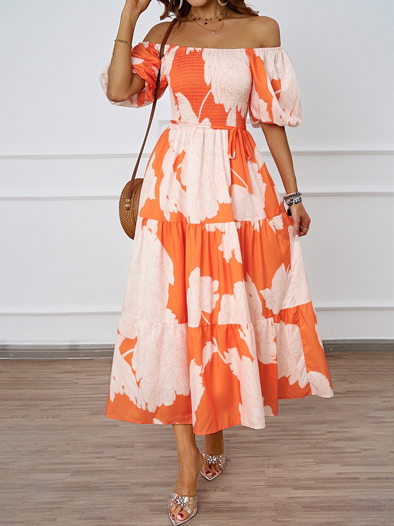 Damen Off-Shoulder Maxikleid Voluminöse Ärmel Print Norvielle