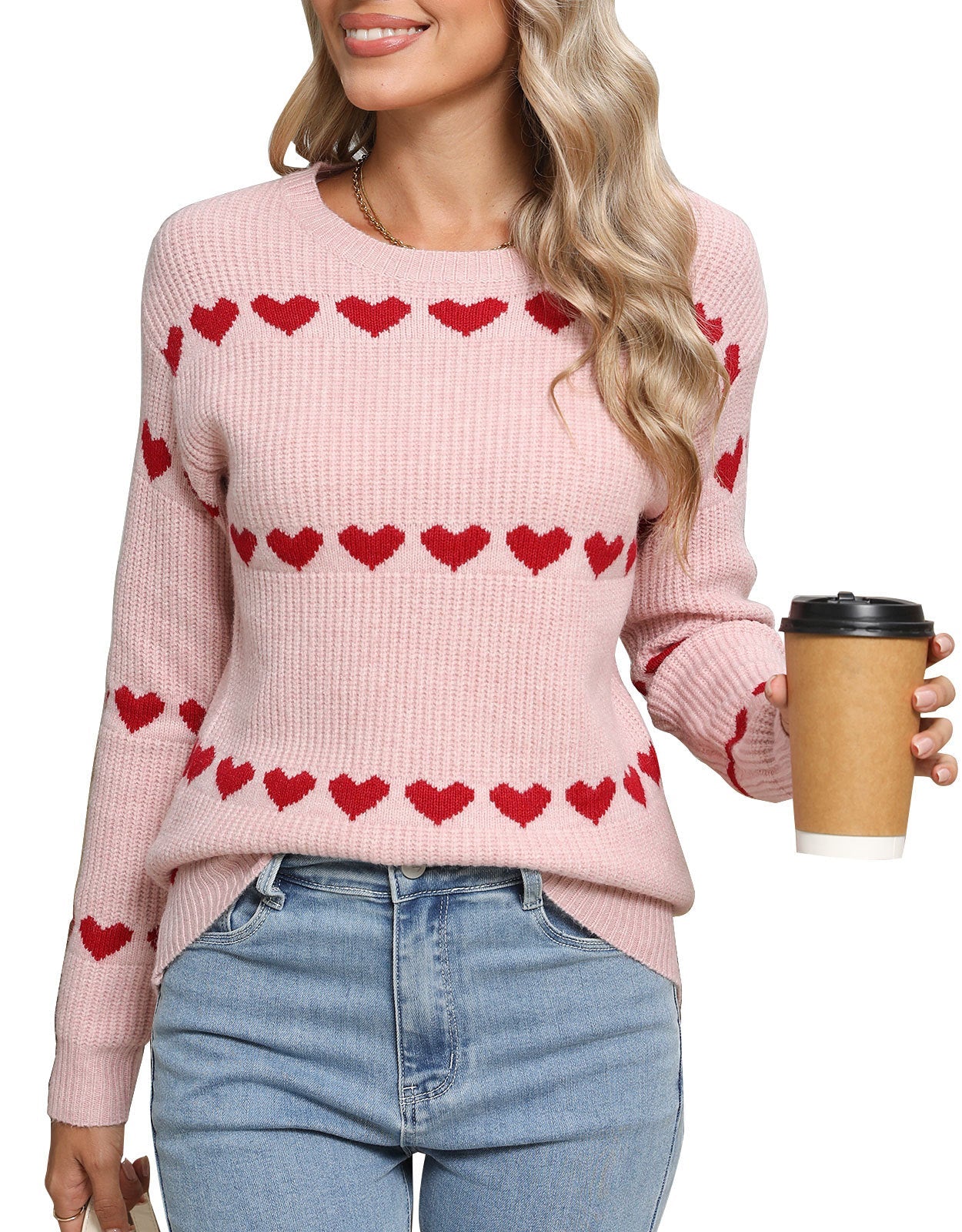 Damen Strickpullover Herzmuster