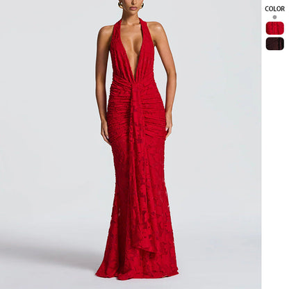 Damen Abendkleid V-Ausschnitt Geraffte Seide Schwarz - Norvielle