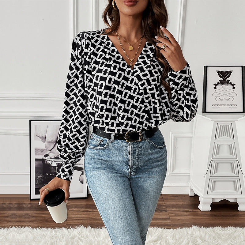 Damen Bluse Geometrisches Muster Puffärmel Elegantes Design