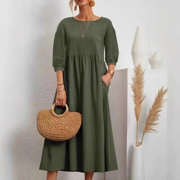 Damen Midi-Kleid Ballonärmel Praktische Taschen Norvielle