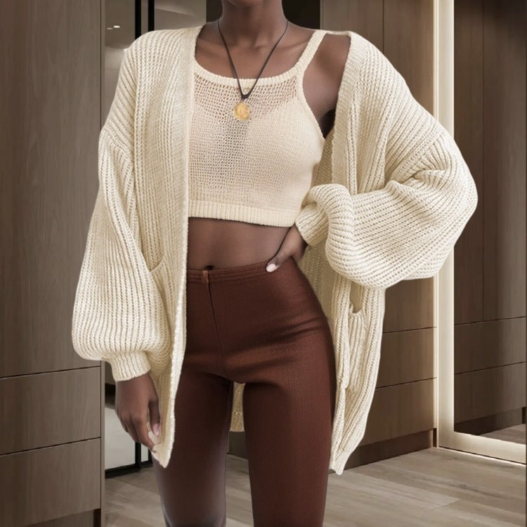 Damen Grobstrick-Cardigan Voluminöse Ärmel Praktische Taschen