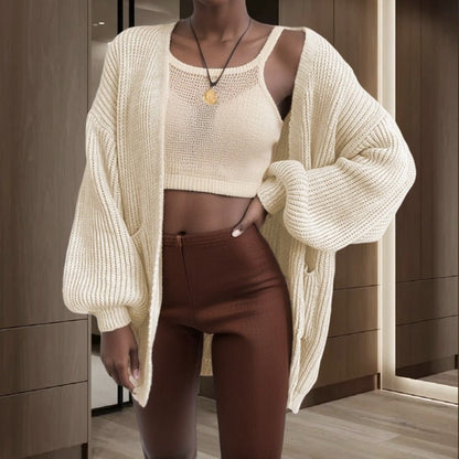 Damen Grobstrick-Cardigan Voluminöse Ärmel Praktische Taschen