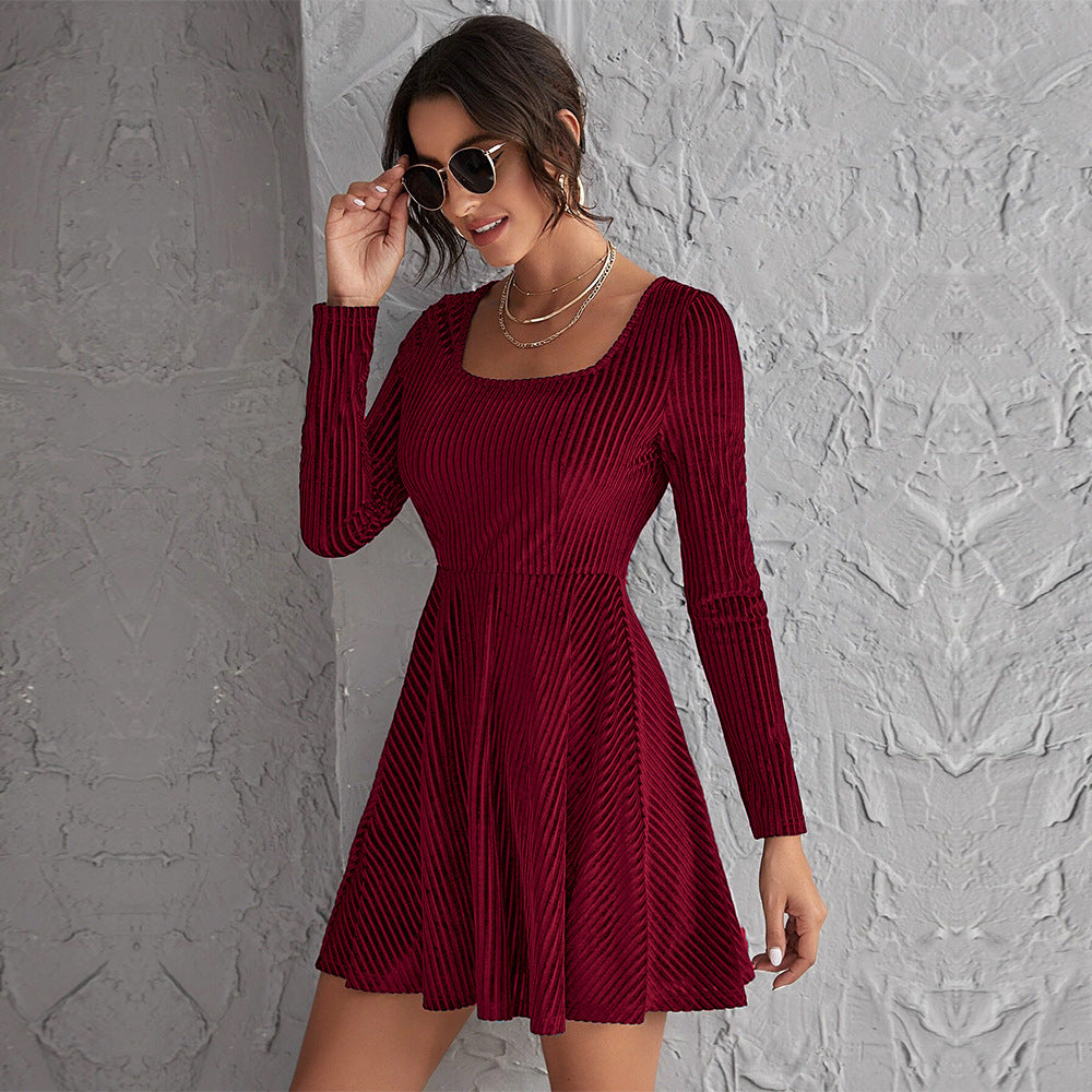 Damen Minikleid Tiefes Quadrat Dekolleté Lange Ärmel